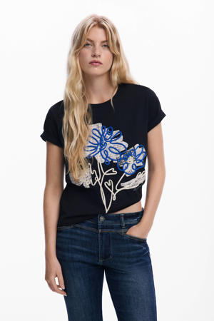 gebloemde T-shirt zwart