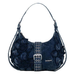 denim schoudertas met bloemen blauw