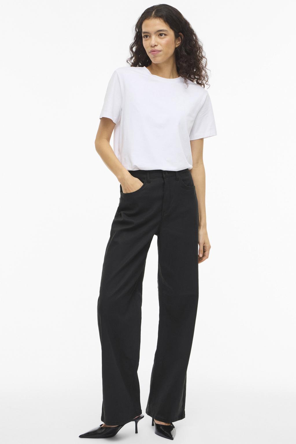 Zwarte dames VILA high waist wide leg jeans van denim met rits- en knoopsluiting en effen