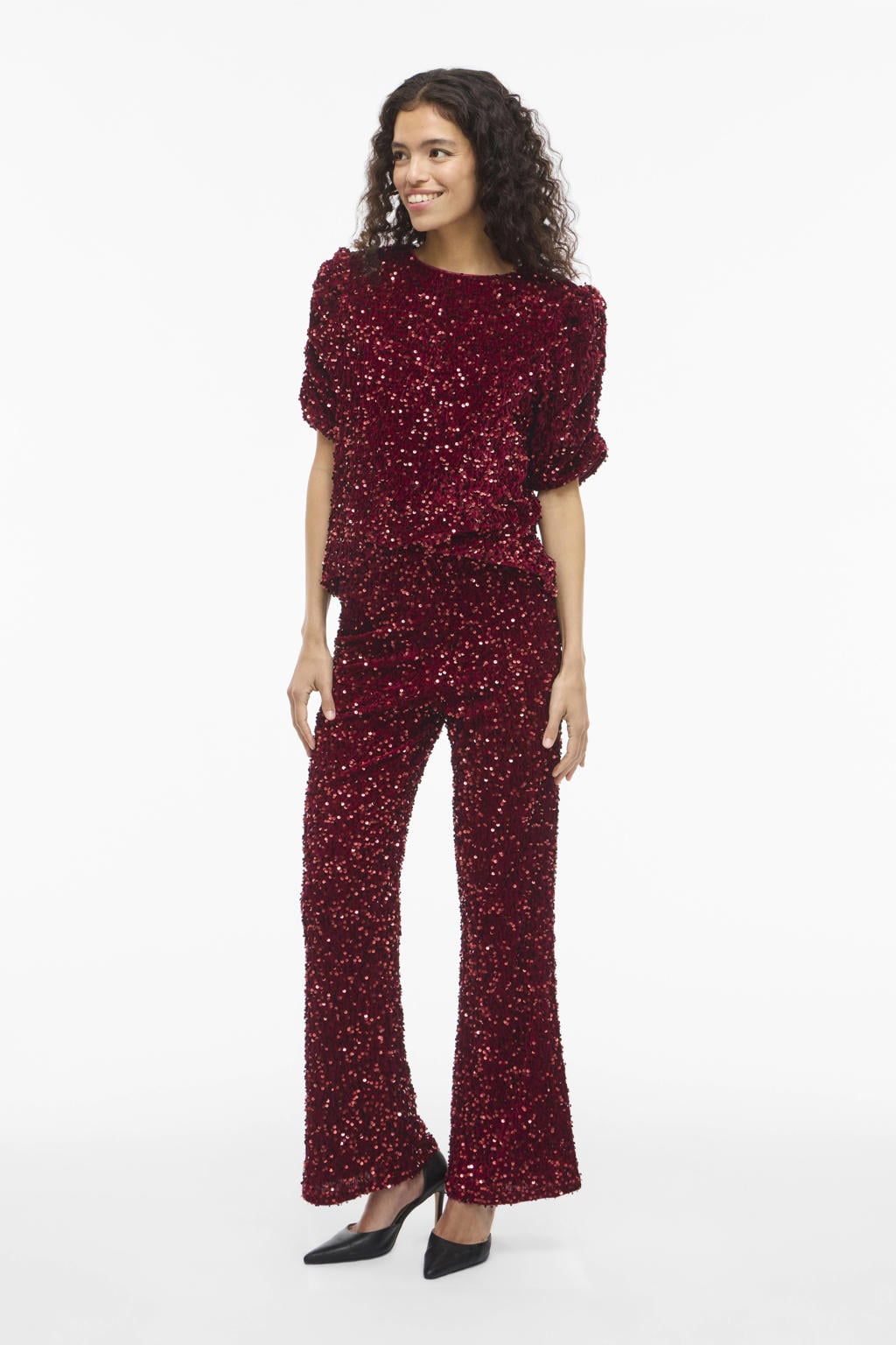 VILA glitter top donkerrood met pailletten
