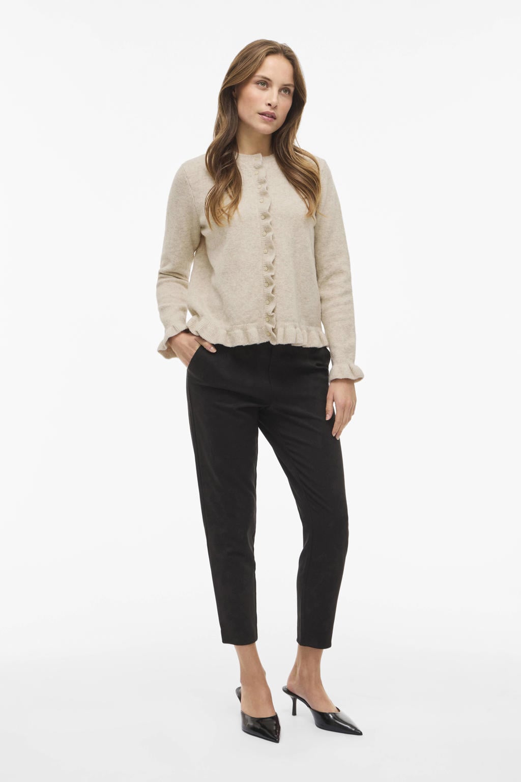 Ecru dames VILA gebreid vest van wol met melée print, lange mouwen, ronde hals en knoopsluiting