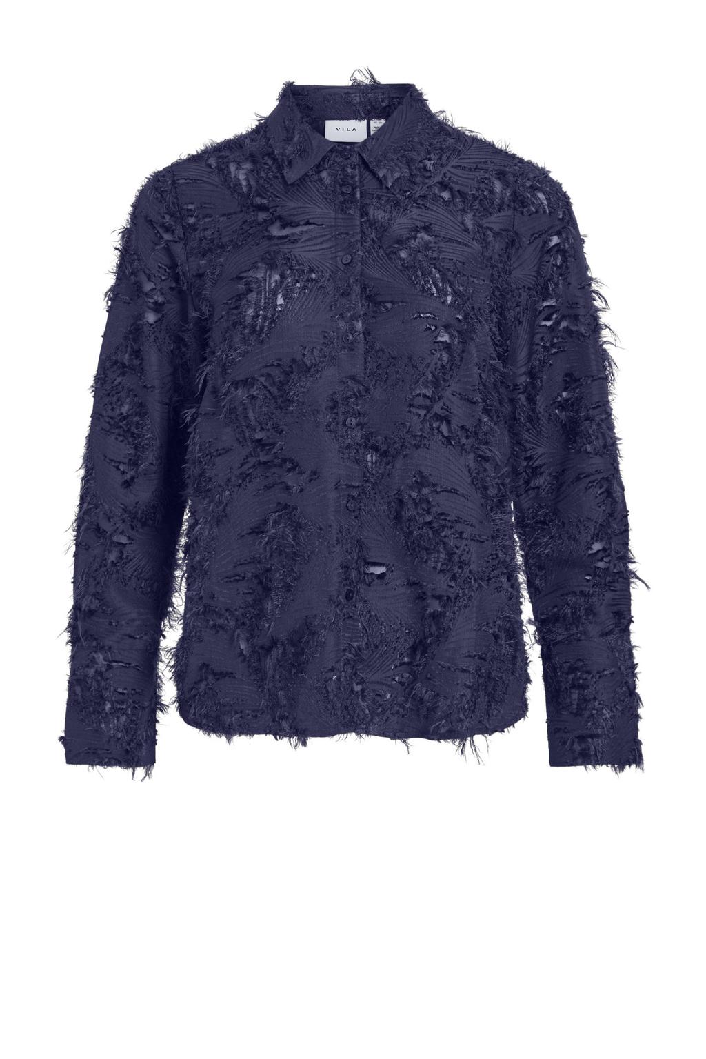 Donkerblauwe dames VILA blouse van polyester met lange mouwen, klassieke kraag, knoopsluiting en 3D applicatie