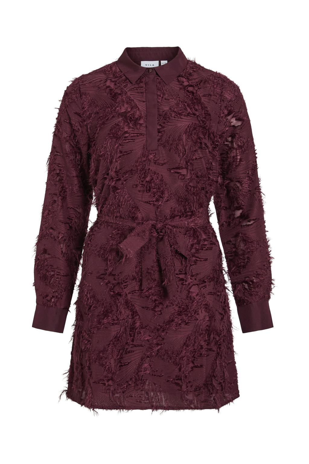 Donkerrode dames VILA blousejurk van polyester met lange mouwen, klassieke kraag, knoopsluiting en 3D applicatie