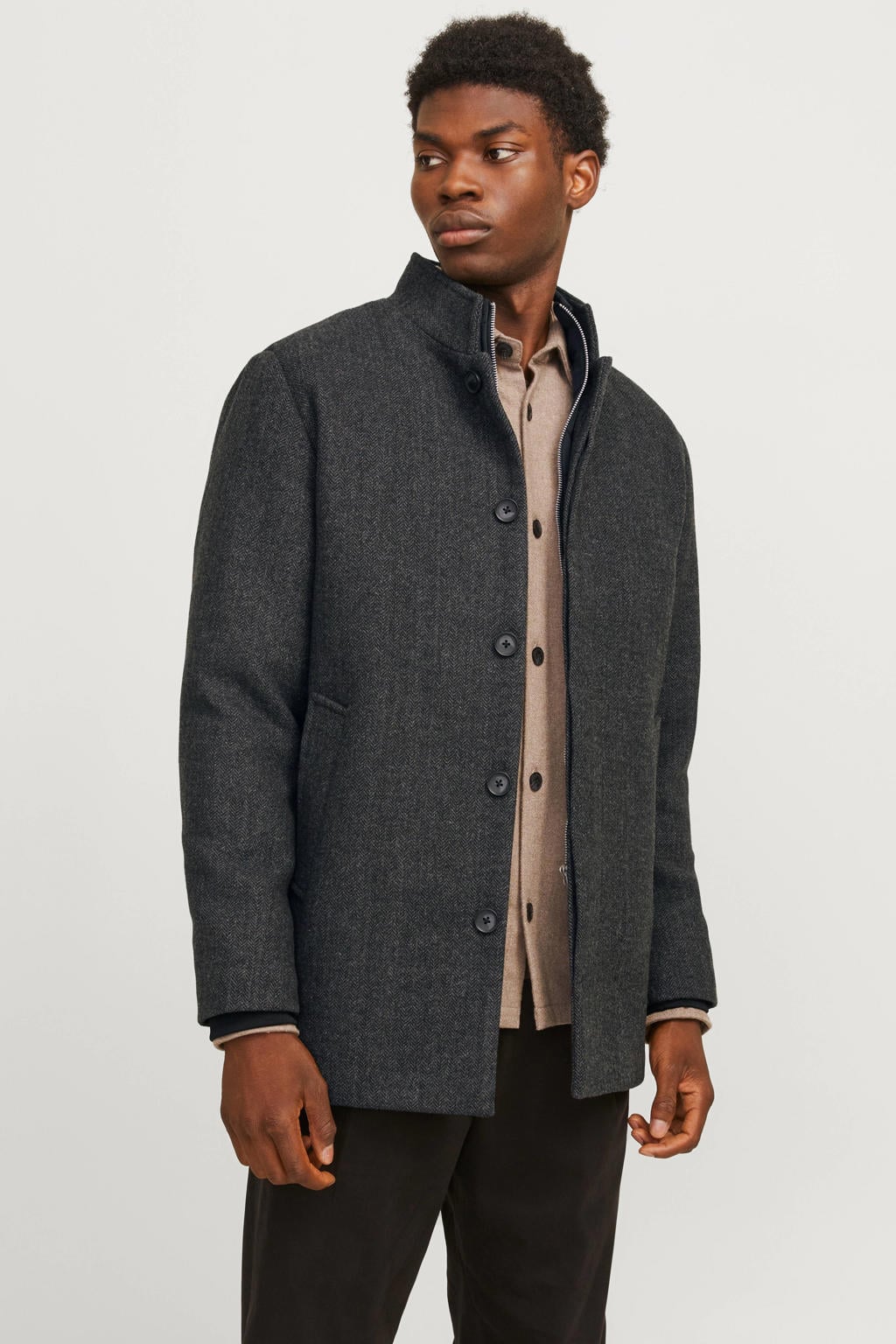 Antraciete heren JACK & JONES ESSENTIALS manteljas van wol met melée print, lange mouwen, opstaande kraag en rits- en knoopsluiting