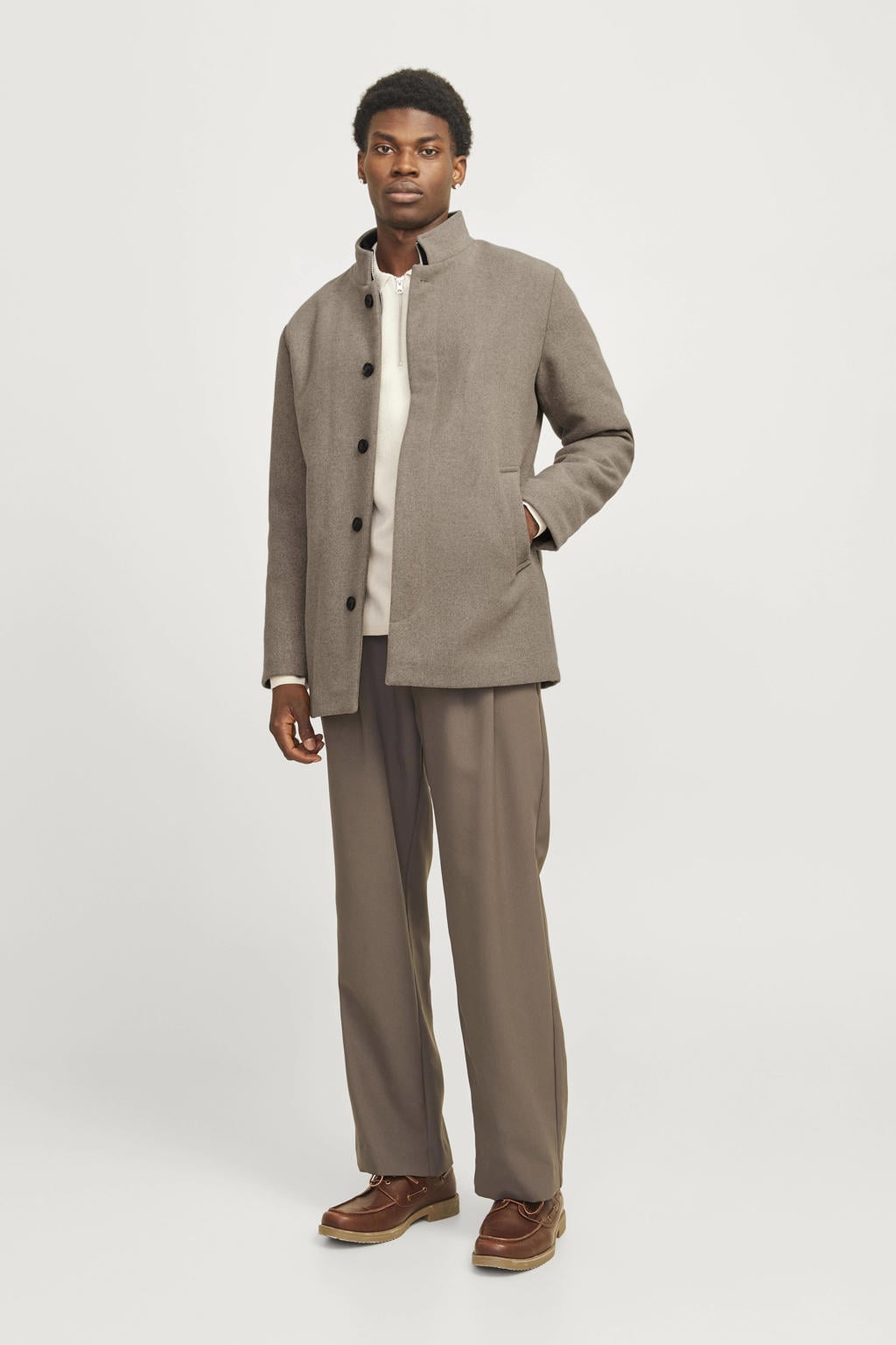 Beige heren JACK & JONES ESSENTIALS manteljas van wol met effen, lange mouwen, opstaande kraag en rits- en knoopsluiting