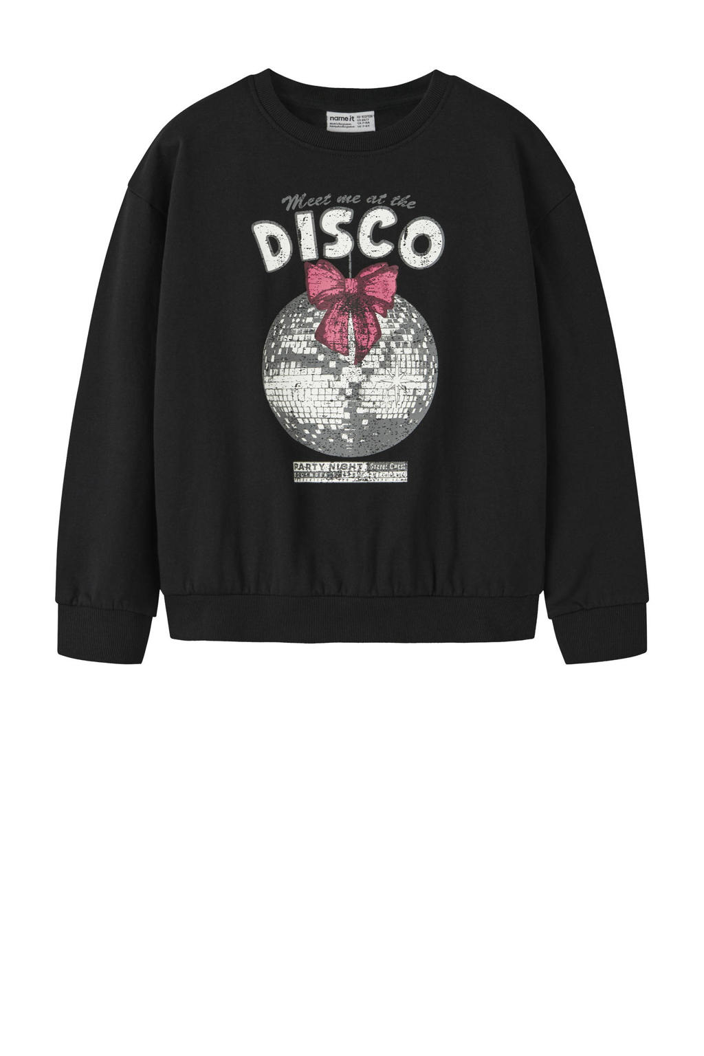 Zwarte meisjes NAME IT KIDS sweater met printopdruk, lange mouwen en ronde hals