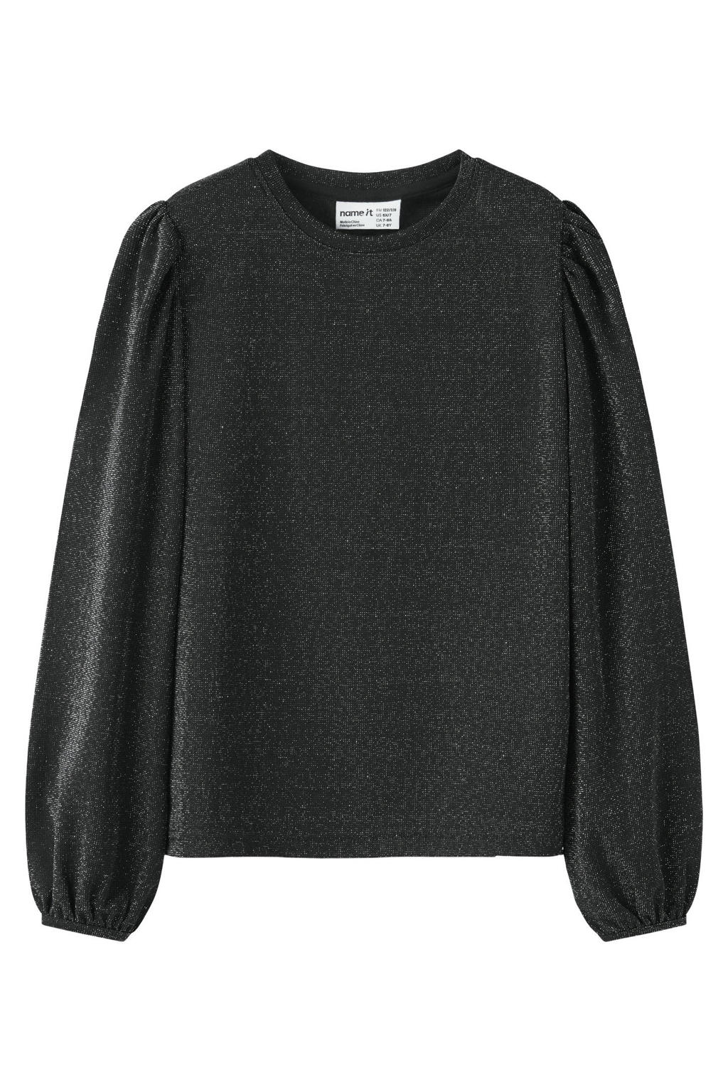 Zwarte meisjes NAME IT KIDS blousetop van polyamide met effen, lange mouwen, ronde hals en glitters