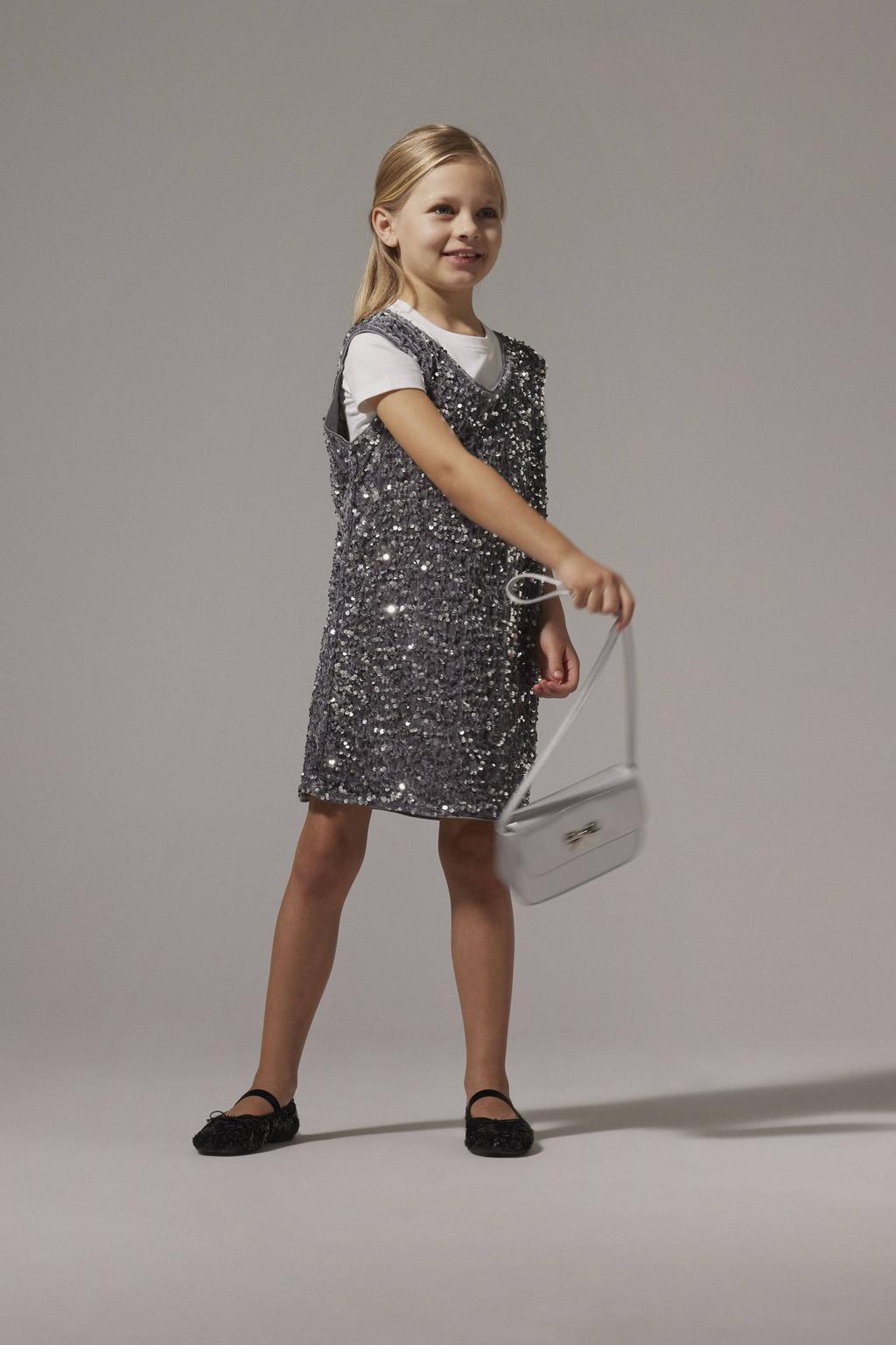 Grijs en zilverkleurige meisjes NAME IT KIDS overgooier midi jurk van polyester met effen, V-hals en pailletten