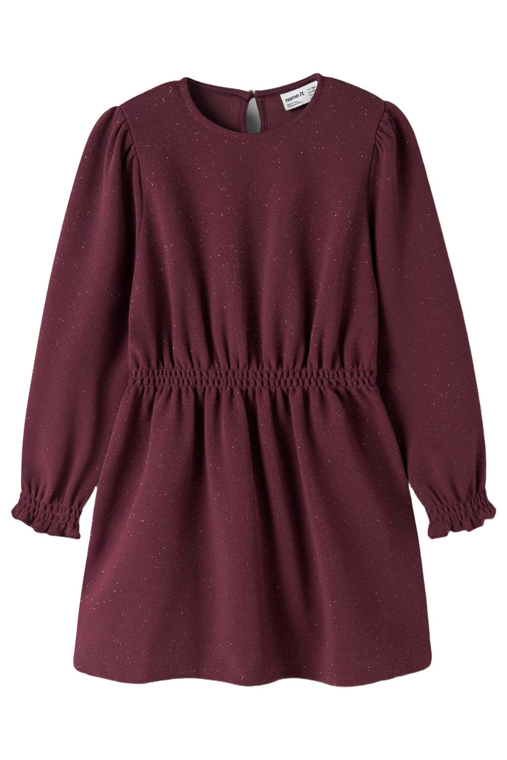 Donkerrode meisjes NAME IT KIDS midi jurk van polyester met effen, lange mouwen, ronde hals, knoopsluiting en elastische boord