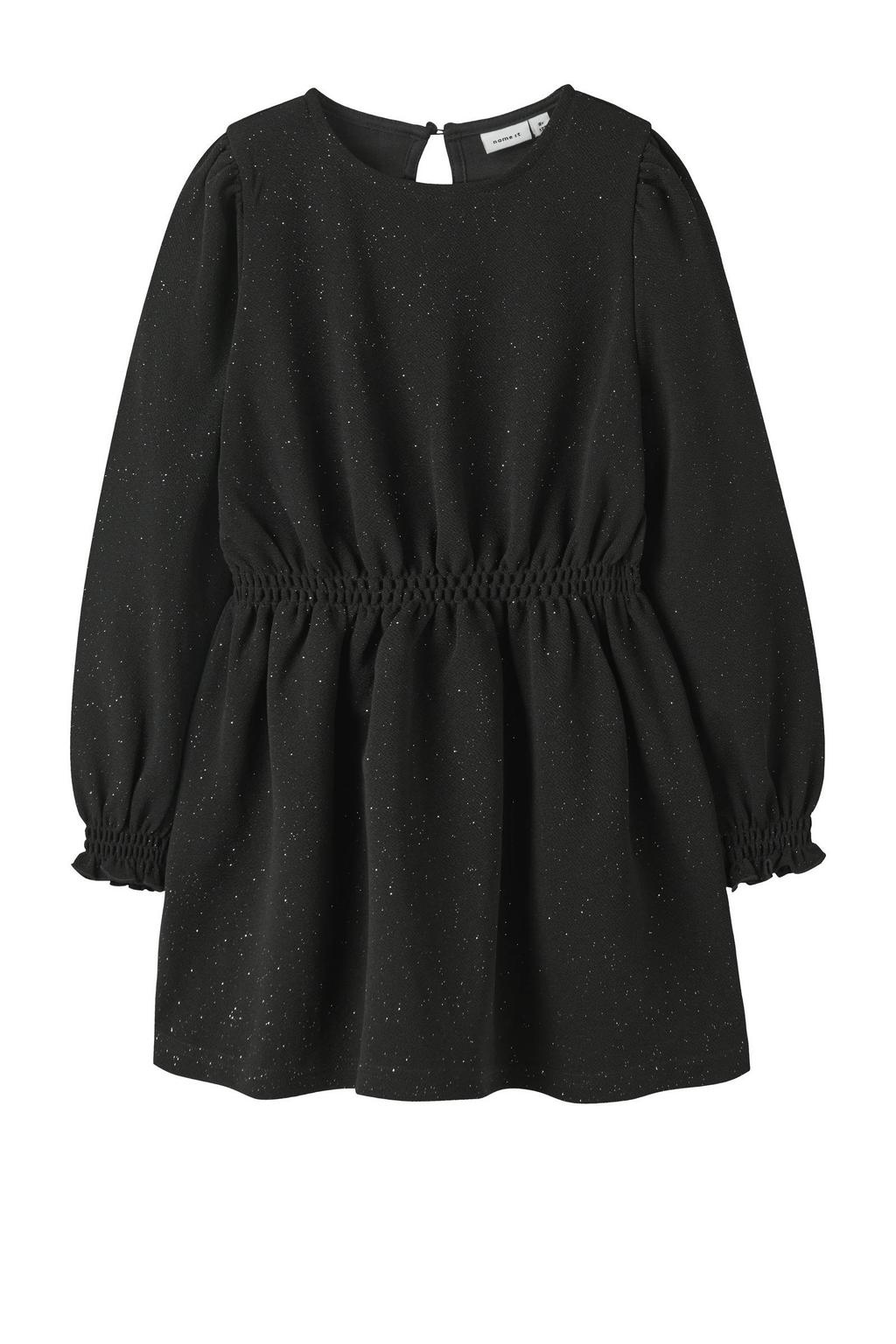Zwarte meisjes NAME IT KIDS midi jurk van polyester met effen, lange mouwen, ronde hals, knoopsluiting en elastische boord