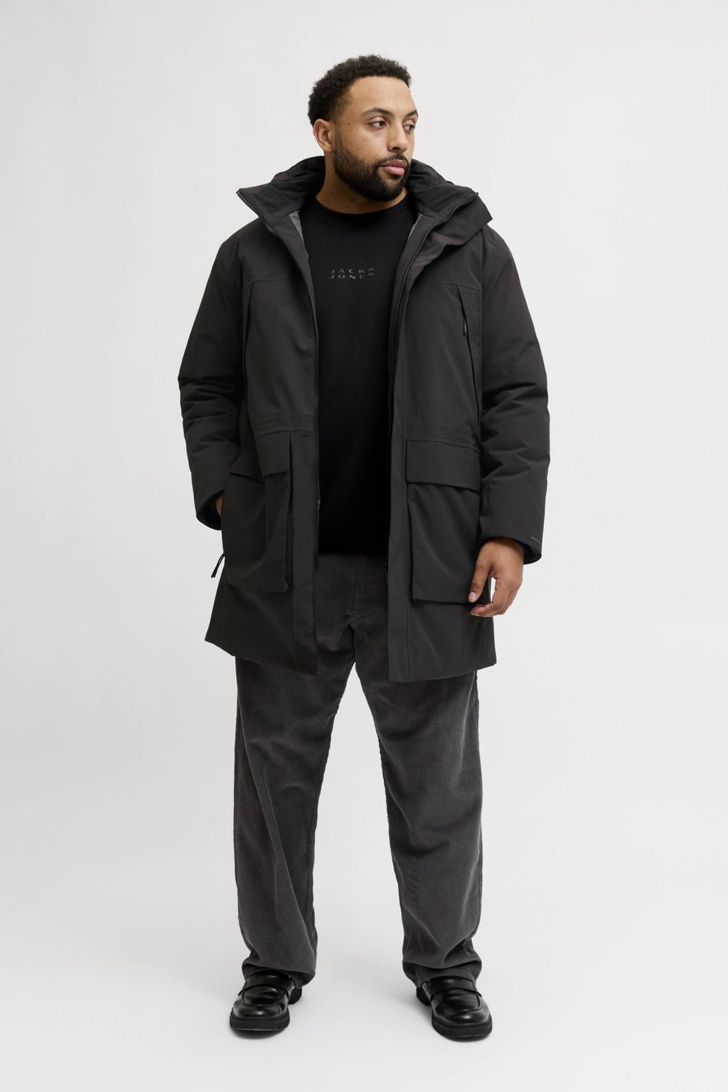 Zwarte heren JACK & JONES PLUS SIZE winterjas Plus Size van polyester met effen, lange mouwen, capuchon, ritssluiting en gebreide details