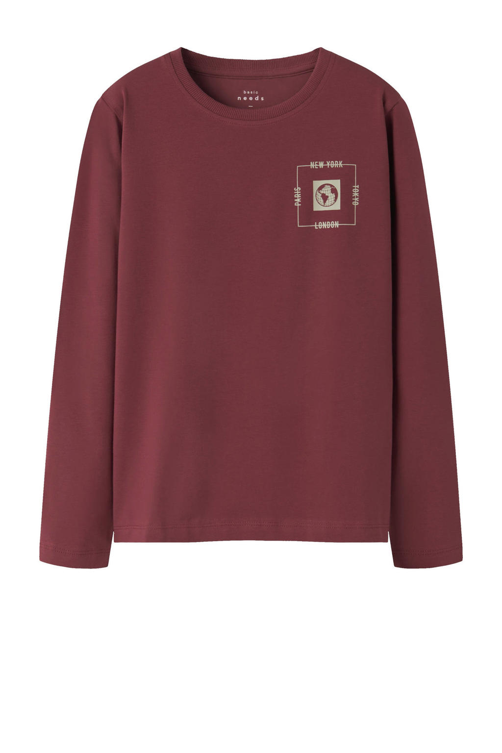 Donkerrode jongens NAME IT KIDS longsleeve van stretchkatoen met printopdruk, lange mouwen en ronde hals