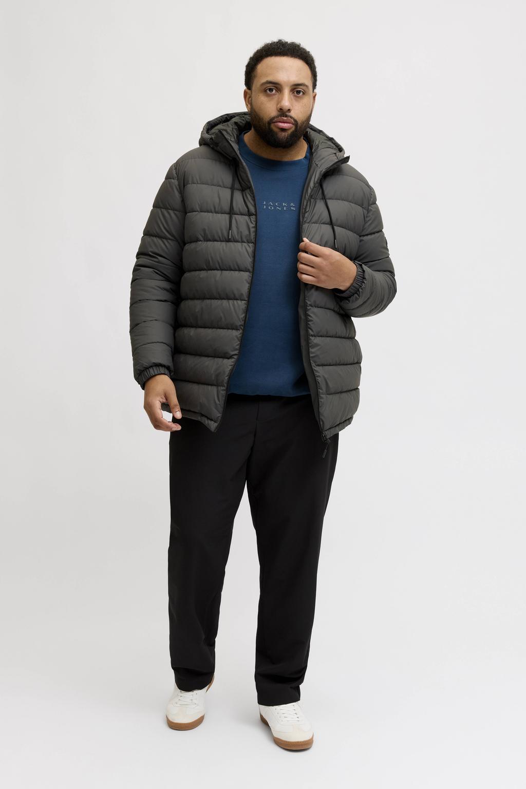 Antraciete heren JACK & JONES PLUS SIZE gewatteerde jas Plus Size van polyester met effen, lange mouwen, capuchon, ritssluiting en doorgestikte details