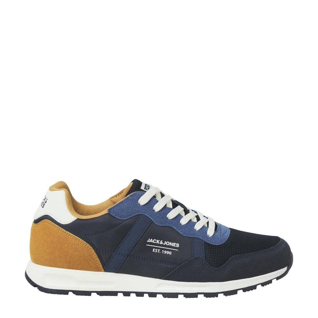 Donkerblauw en camelkleurige heren JACK & JONES Jfwharrow sneakers van imitatieleer met veters