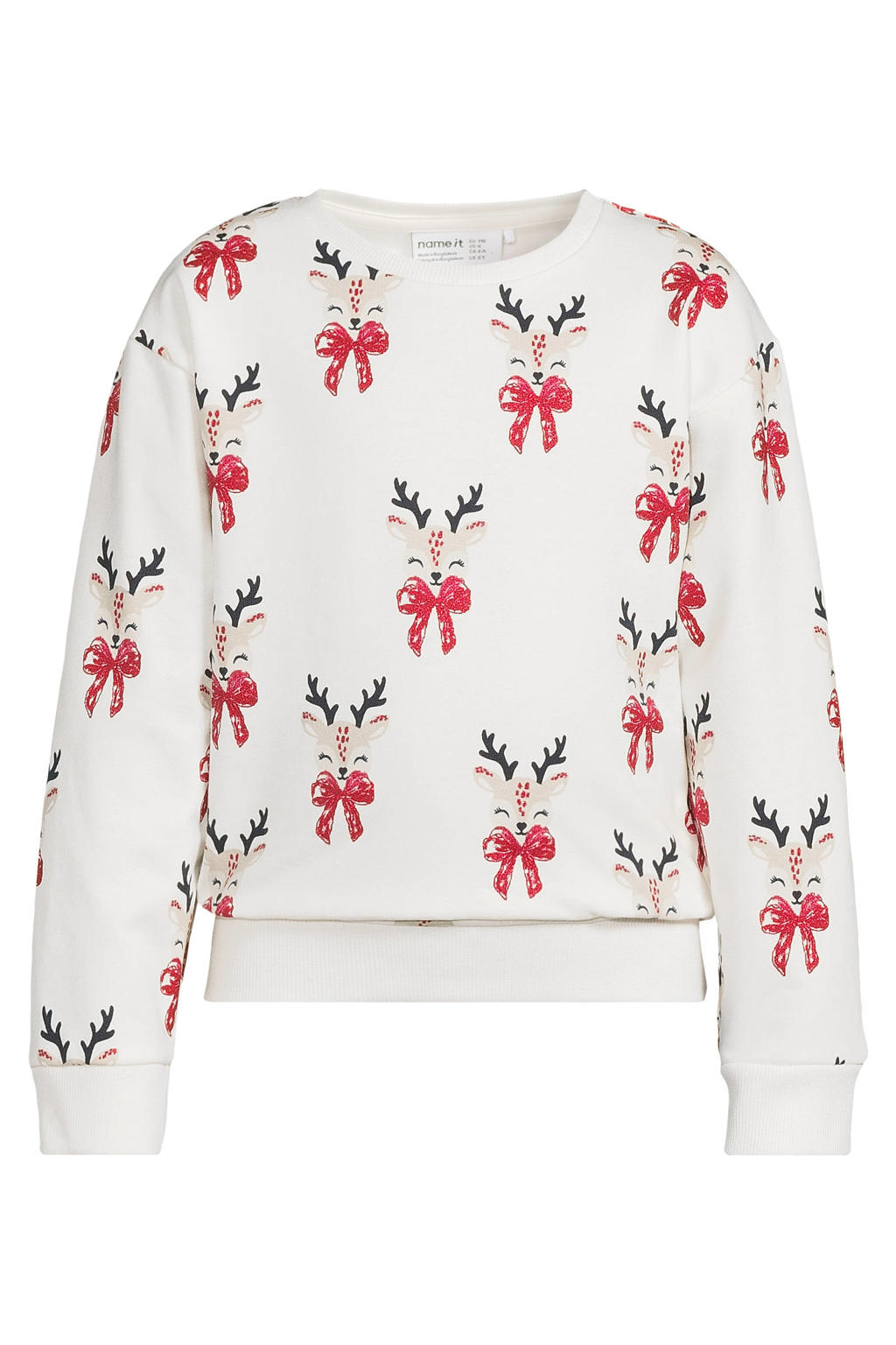 Wit en rode meisjes NAME IT MINI kerstsweater met lange mouwen, ronde hals en geribde boorden