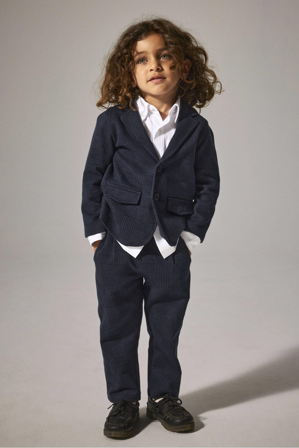 Donkerblauwe jongens NAME IT MINI casual broek van polyester met regular fit, knoopsluiting en ruitenprint