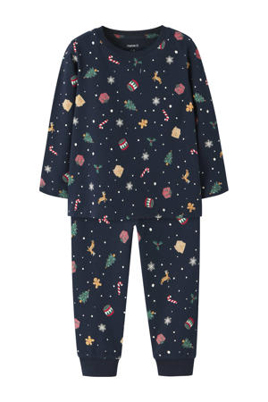 kerstpyjama met all over print donkerblauw