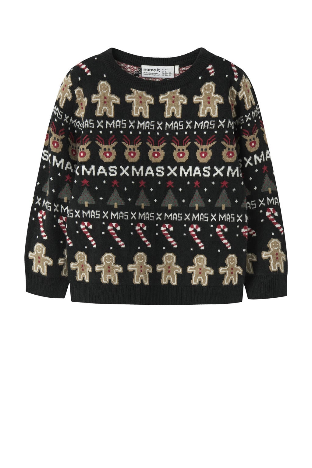 Zwarte jongens NAME IT MINI kersttrui van acryl met lange mouwen, ronde hals en jacquard