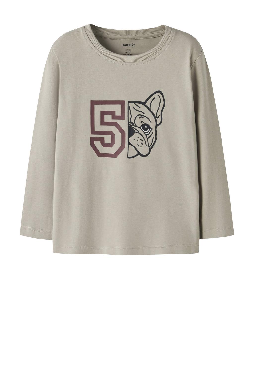Beige jongens NAME IT MINI longsleeve van stretchkatoen met printopdruk, lange mouwen en ronde hals
