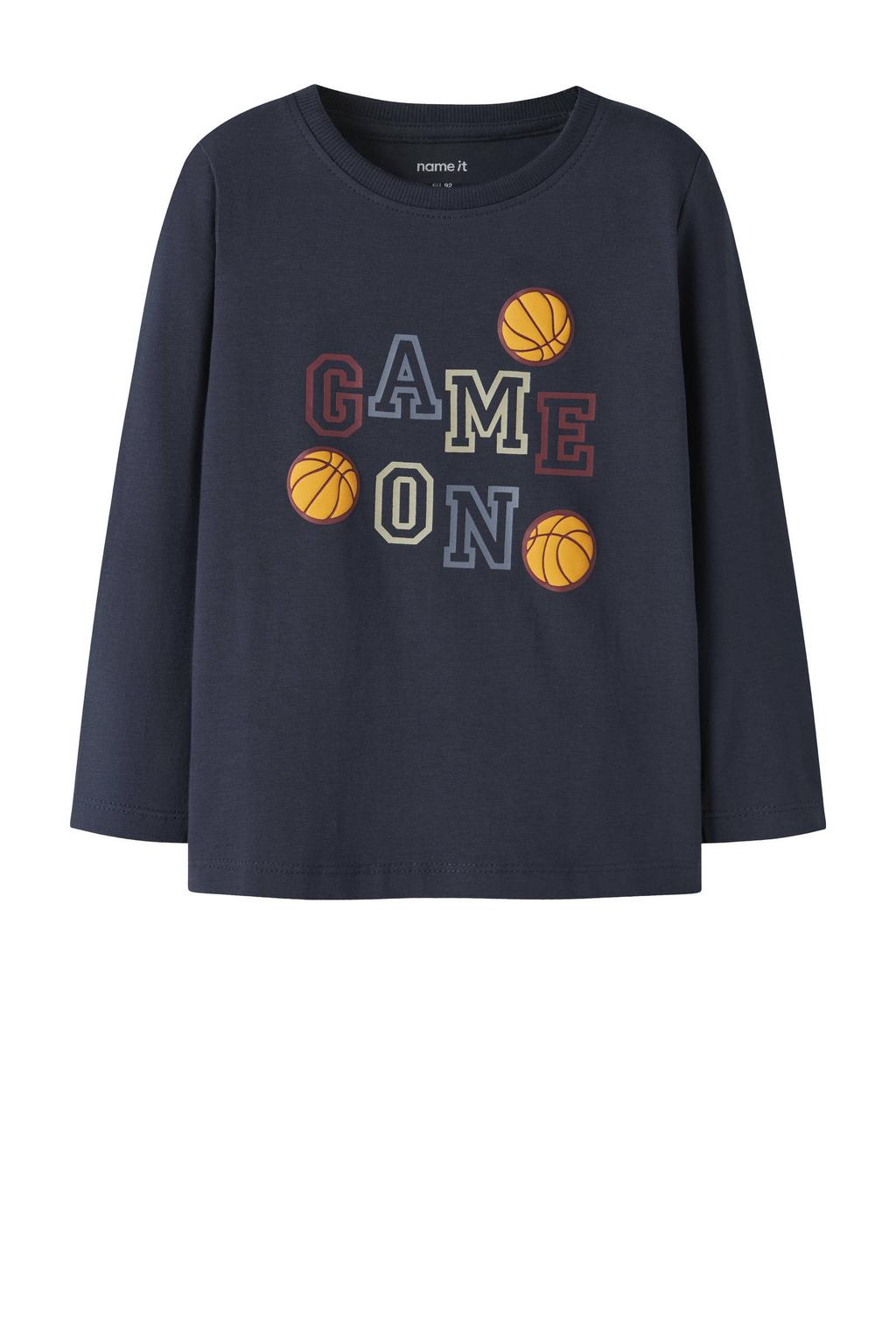 Donkerblauwe jongens NAME IT MINI longsleeve van stretchkatoen met printopdruk, lange mouwen en ronde hals
