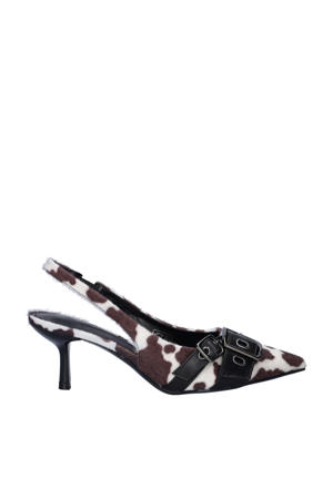 slingback pumps met ponyhair en koeienprint bruin/wit