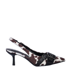 slingback pumps met ponyhair en koeienprint bruin/wit