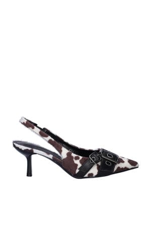 slingback pumps met ponyhair en koeienprint bruin/wit