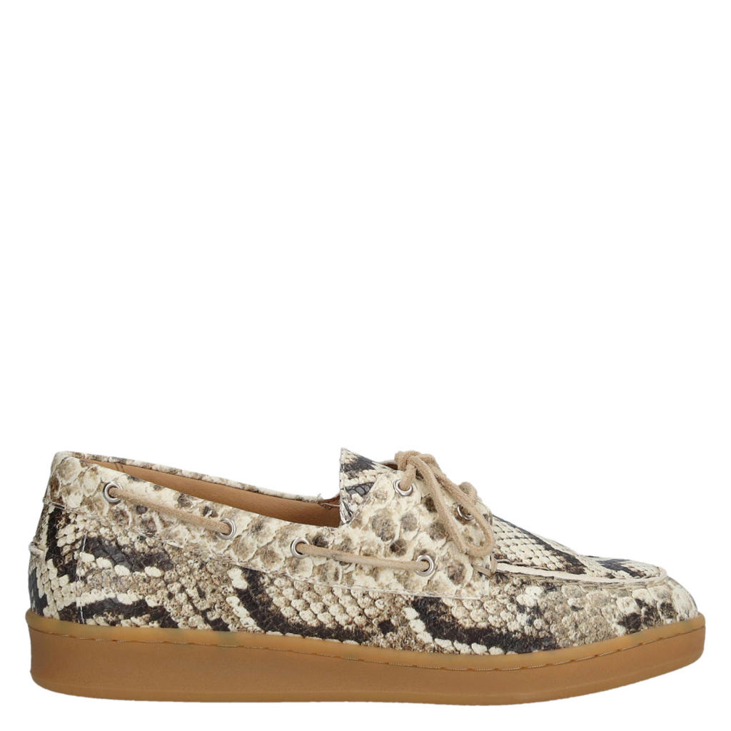 Beige dames Piedi Nudi Porta 05.07 leren bootschoenen met veters en slangenprint