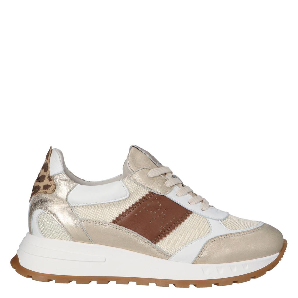 Beige en gouden dames Piedi Nudi Helen 03.01 sneakers van leer en textiel met veters