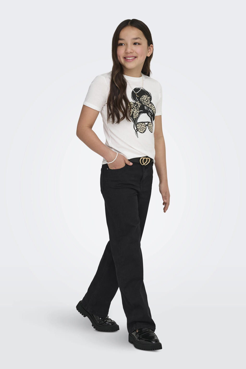Black denim meisjes KIDS ONLY GIRL high waist wide leg jeans black van stretchdenim met haaksluiting en effen