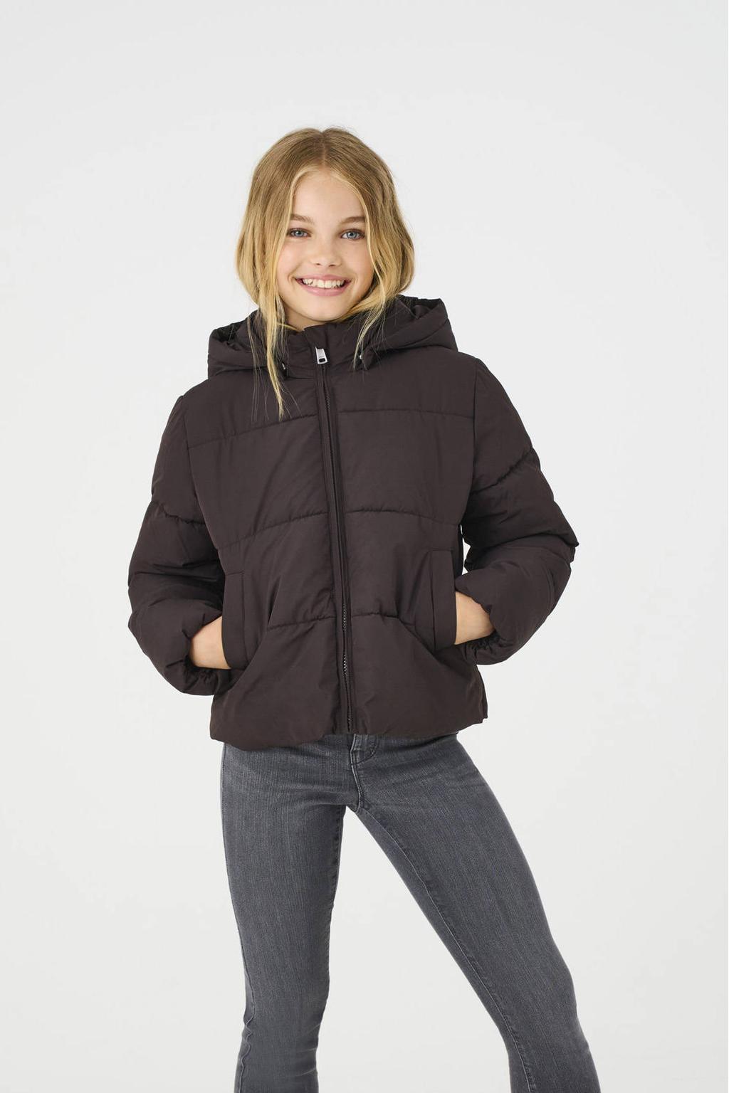 Donkerblauwe meisjes KIDS ONLY GIRL gewatteerde jas van polyester met effen, lange mouwen, capuchon, ritssluiting en geweven detail