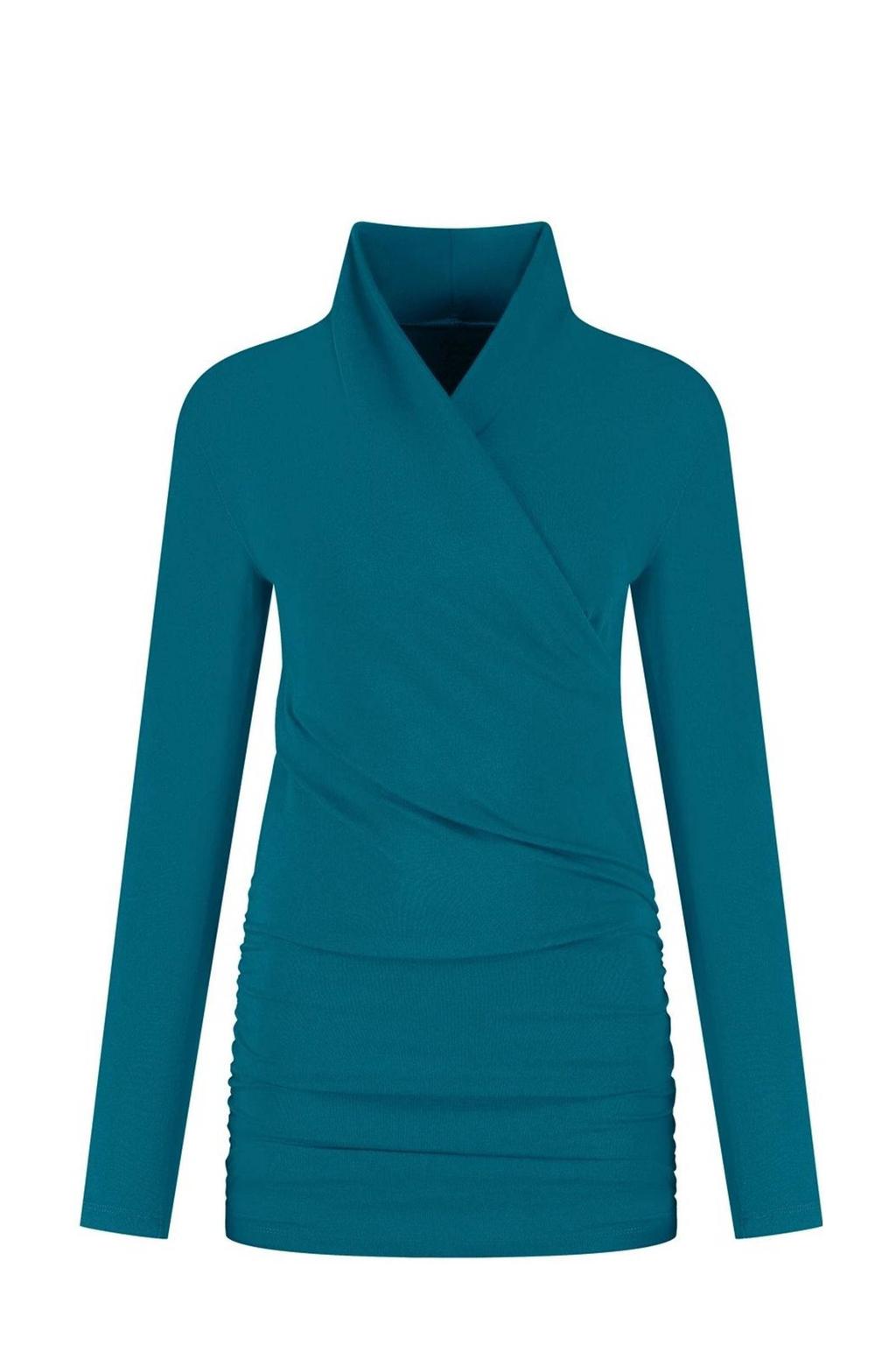 Petrolkleurige dames Urban Goddess sportshirt Good Karma van katoen met effen, lange mouwen en overslagkraag