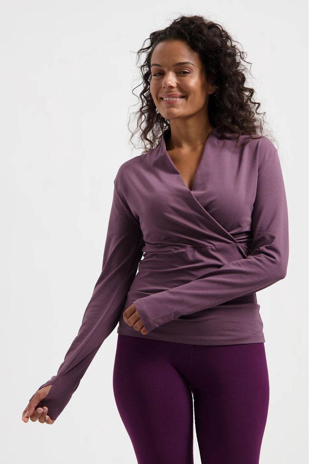 Paarse dames Urban Goddess sportshirt Ishtar van katoen met lange mouwen en overslagkraag