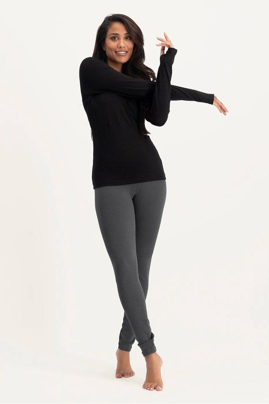Zwarte dames Urban Goddess sportshirt Ishtar van katoen met lange mouwen en overslagkraag