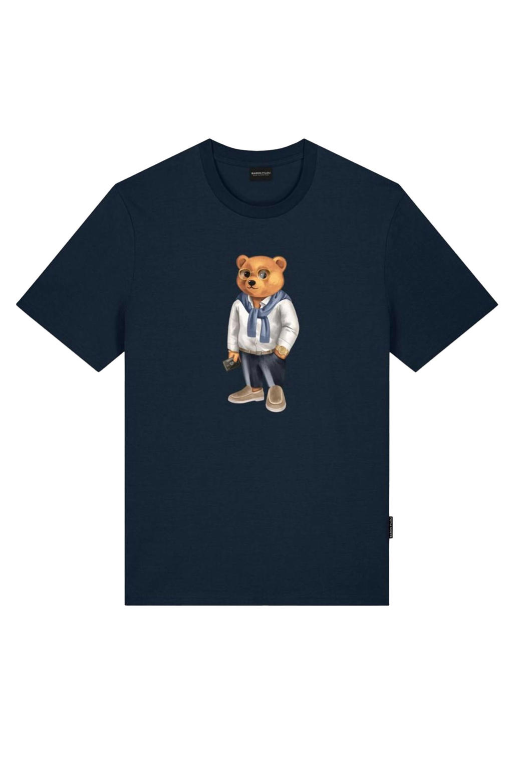 Donkerblauwe heren Baron Filou regular T-shirt van katoen met printopdruk en korte mouwen