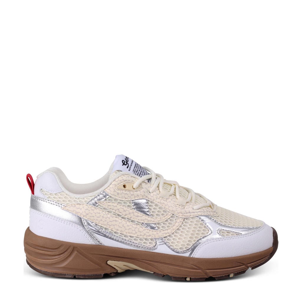 Ecru, wit en zilverkleurige dames Genesis G-Eco`99 Dark Sole sneakers van imitatieleer, suèdelook en mesh met veters