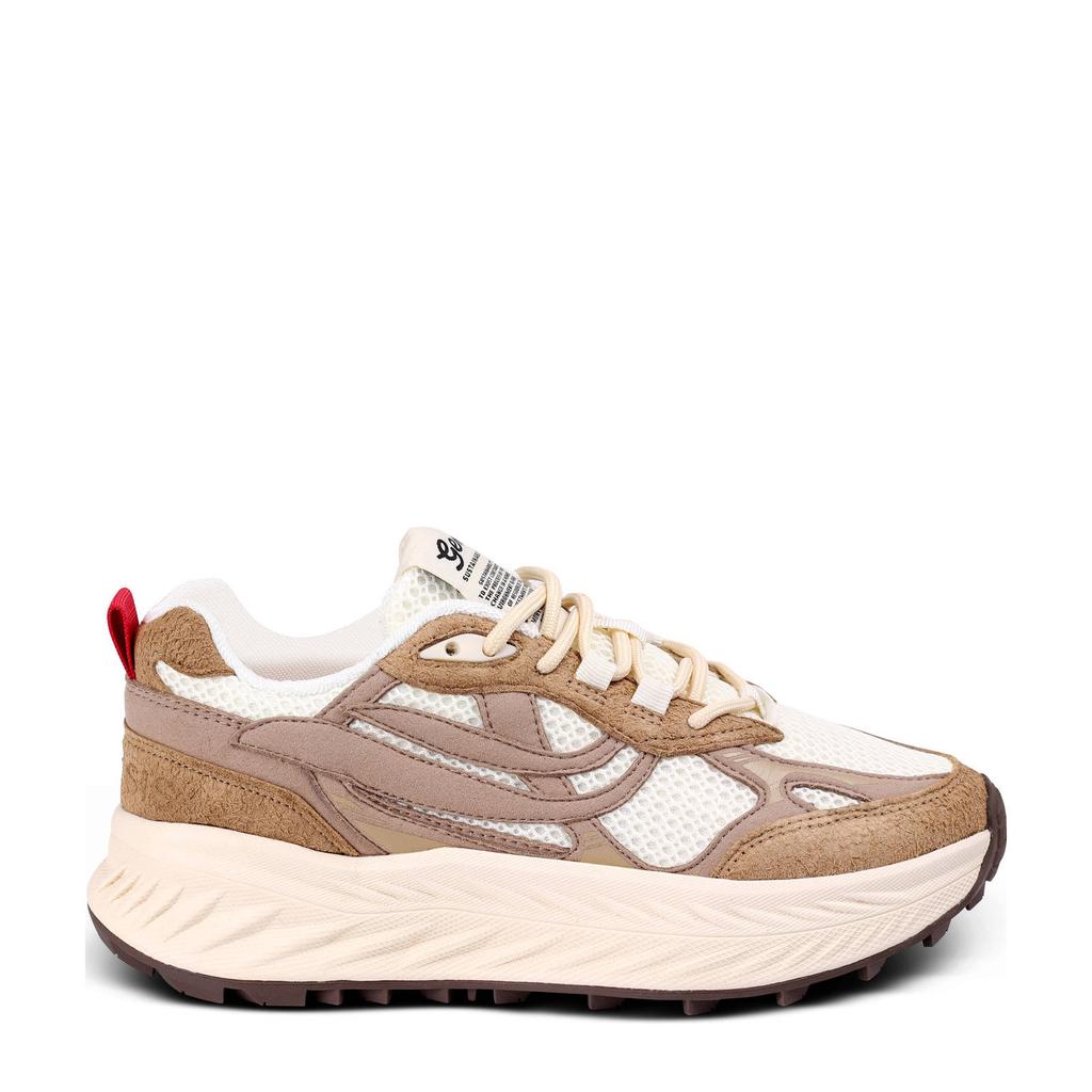 Beige en witte dames Genesis G-Eco`99 Bulky chunky sneakers van imitatiesuède en mesh met veters