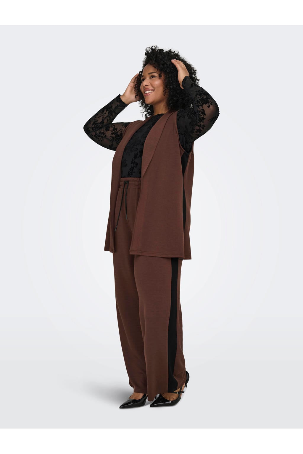 Donkerblauwe dames ONLY CARMAKOMA regular high waist casual broek van polyester met elastische tailleband met koord en effen