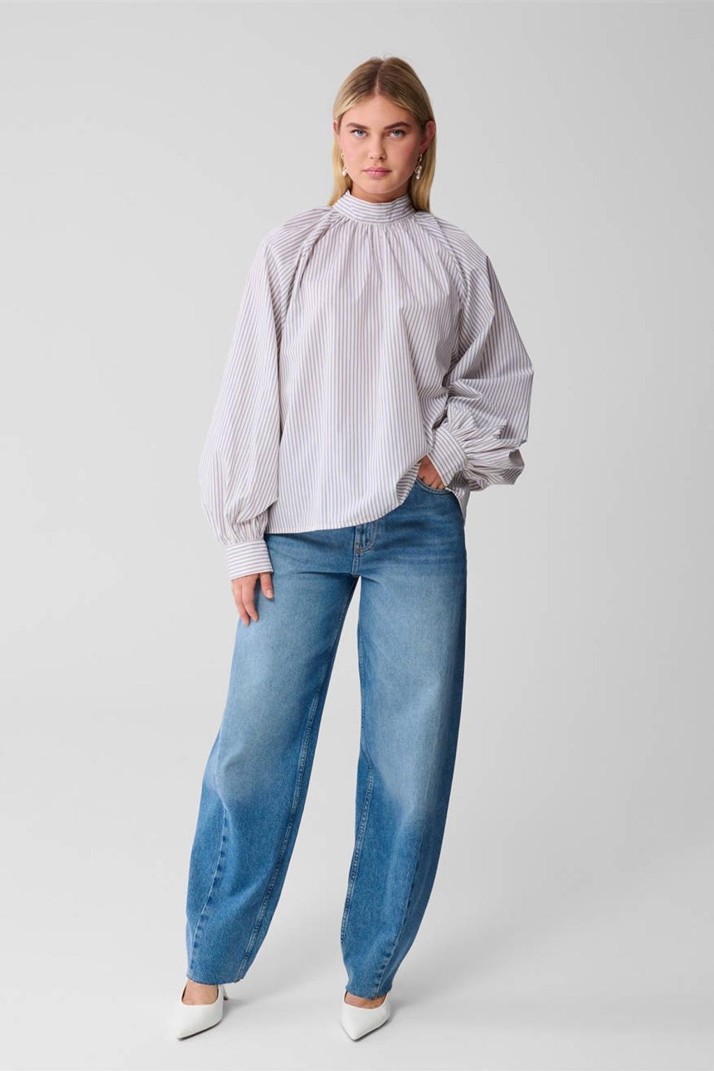 Blauwe dames Shoeby gestreepte blousetop van polyester met lange mouwen, strikkraag, striksluiting en plooien