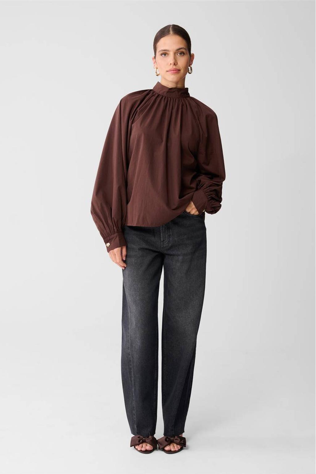 Bruine dames Shoeby blousetop van polyester met effen, lange mouwen, strikkraag, striksluiting en strikje
