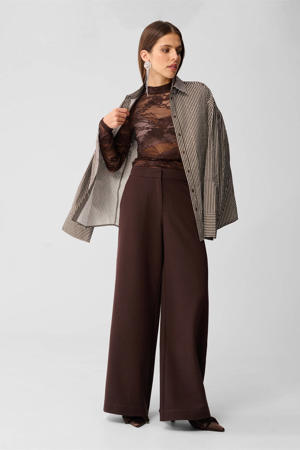 wide leg high waist broek donkerbruin