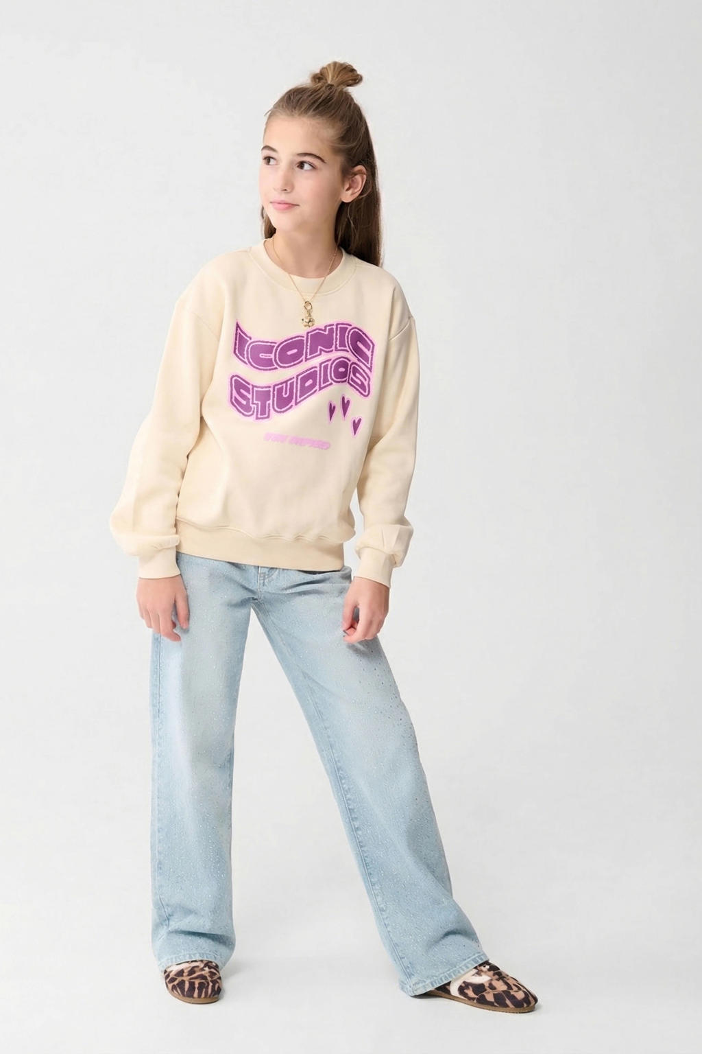 Lichtblauwe meisjes Shoeby Strass wide leg jeans van katoen met high waist, rits- en knoopsluiting en effen