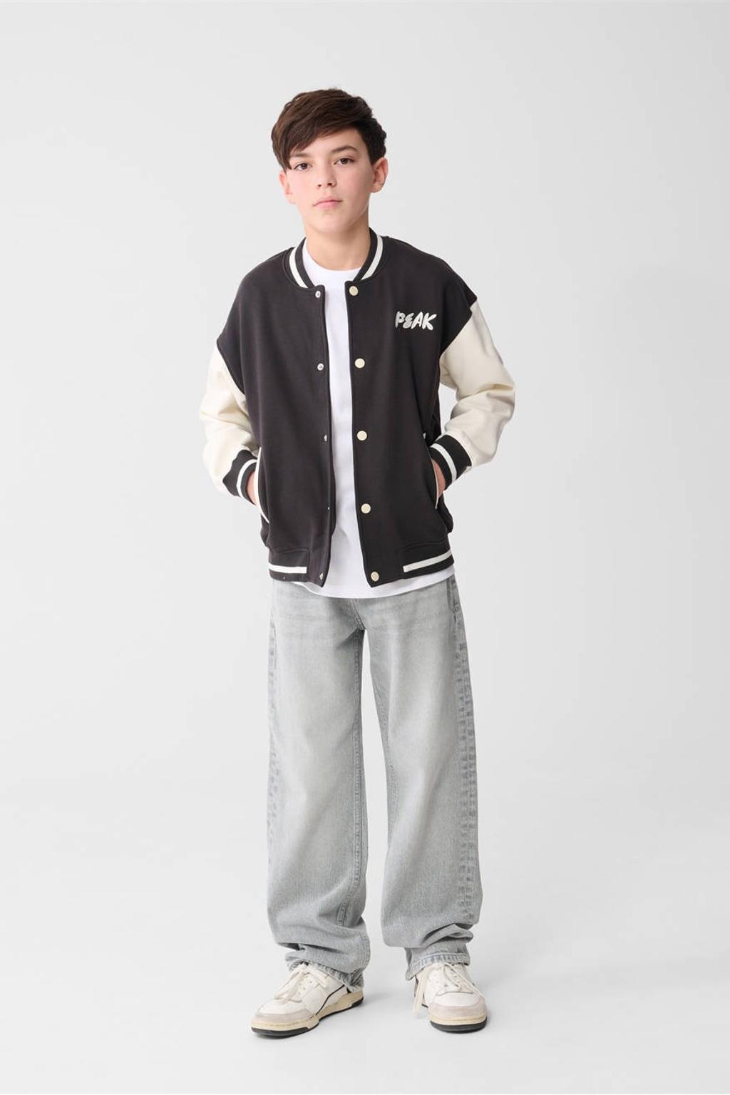 Antraciet en ecru jongens Shoeby baseball jacket van katoen met effen, lange mouwen, ronde hals, drukknoopsluiting en geribde boorden