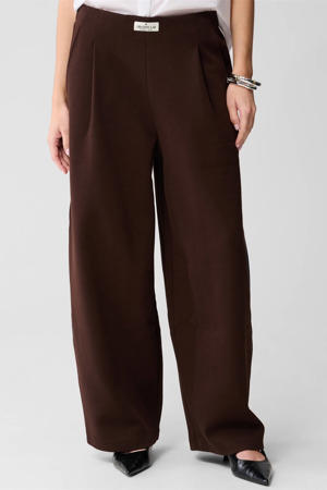 wide leg high waist casual broek donkerbruin