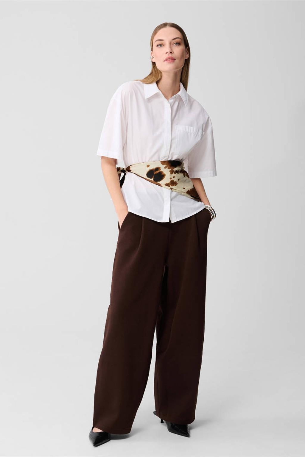 Donkerblauwe dames Shoeby wide leg high waist casual broek van katoen met effen