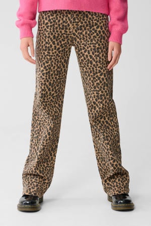 straight leg jeans high waist met panterprint bruin