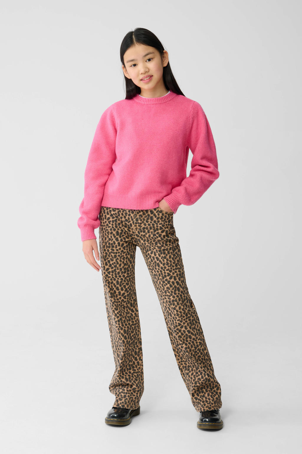 Bruin en zwarte meisjes Shoeby high waist straight leg broek van stretchdenim met rits- en knoopsluiting en panterprint