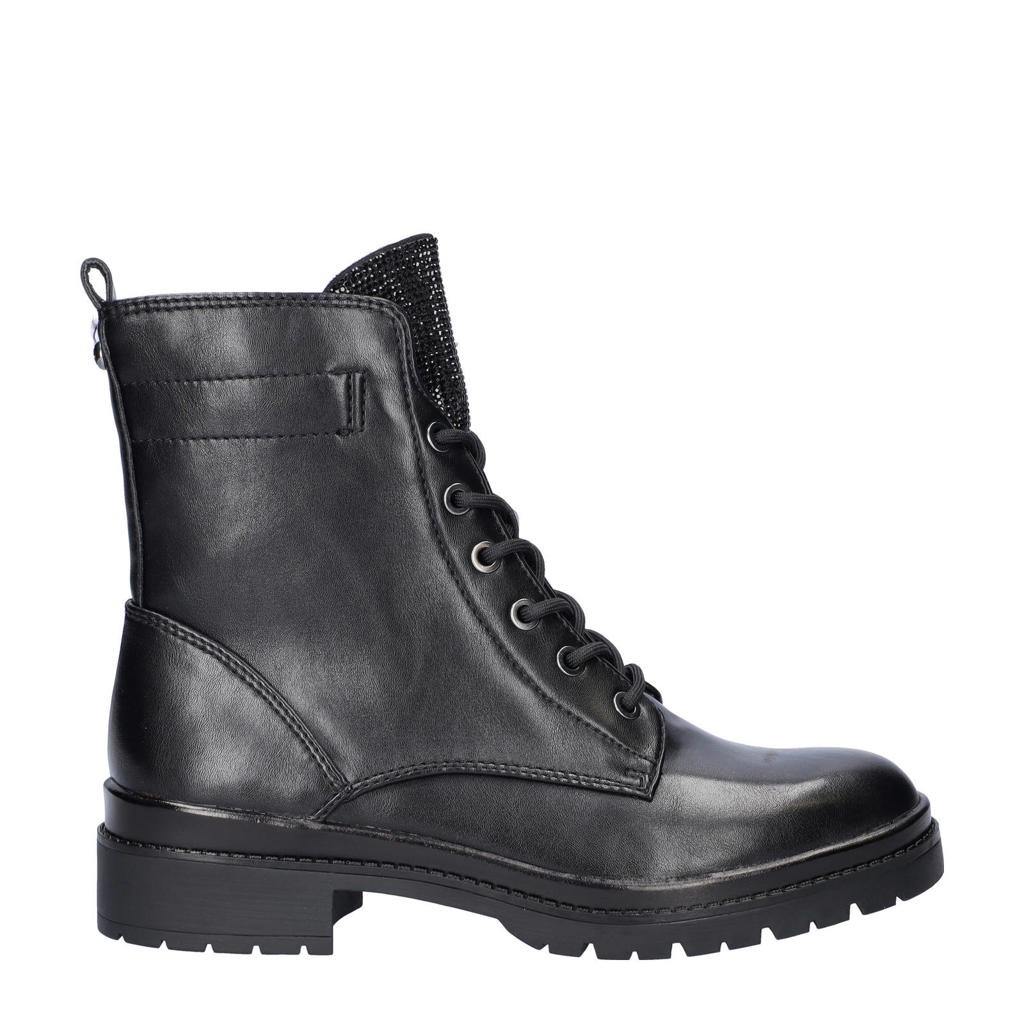 Zwarte dames Tamaris leren veterboots met rits- en vetersluiting