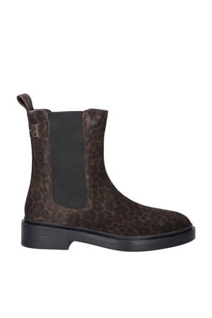 suède chelsea boots met panterprint donkerbruin/zwart