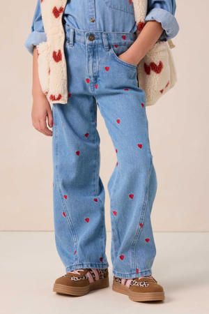 high waist wide leg jeans met hartjes medium blue denim